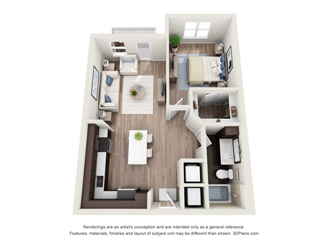 Floor plan for 1 bed, 1 bath, 768 sqft